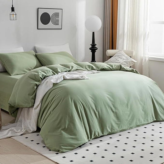 JELLYMONI Light Green Duvet Cover Full Size - 100% Washed Cotton Linen Like Textured Comforter Cover, 3 Pieces Breathable Soft Bedding Set with Zipper Closure (Light Green, Full 80"x90")