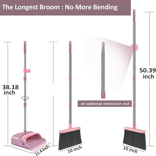 kelamayi Broom and Dustpan Set for Home, Office, Indoor&Outdoor Sweeping, Stand Up Broom and Dustpan (Pink)