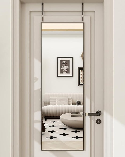 BEAUTYPEAK 16" x 50" Adjustable Height Over The Door Mirror, Full Length Hanging Door Mirror with Shatterproof Tempered Glass Aluminum Alloy Frame for Bedroom, Living Room, Bathroom, Dorm, Black