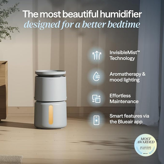BLUEAIR Room Humidifier - DreamWell - 72Hr Top-Fill Mist-Free InvisibleMist Technology Aroma Stone for Essential Oils and Soothing Mood Lighting - Quiet Operation for Bedroom and Home Use, Grey