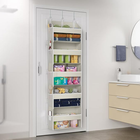 Over the Door Organizer with 5 Front & 10 Mesh Side Pockets, 50LB Capacity Extra Large Hanging Storage Organizer Multi-Room Space-Saving Hanging Shelves with 3 Hook for Closet, Kitchen, Pantry, Beige