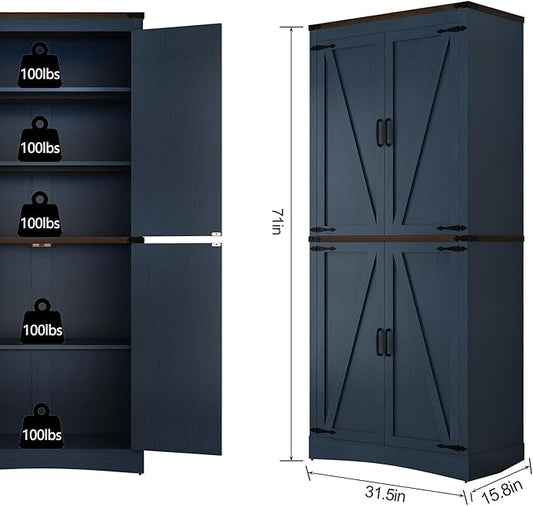 71in Farmhouse Kitchen Pantry Cabinet,Tall Storage Cabinet with 4 Doors and Adjustable shelves,with Load-Bearing Steel Pipe,Wood Storage Cabinets for Kitchen,Dining Room,Bathroom(Rustic Blue)