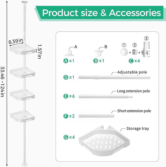 4-Tier Corner Shower Caddy Tension Pole Organizer - Adjustable Rustproof Metal Tension Pole, Plastic Shelves with Safety Guardrail, Bathroom Storage for Shower & Bathtub(White)