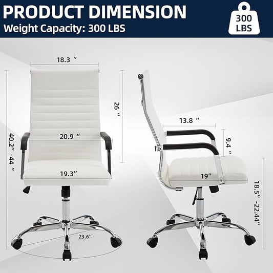 Office Chair, Ergonomic Executive Conference Room Chairs, Ribbed Leather Desk Chair with Lumbar Support, Adjustable Height Mid-Back Swivel Chair (Square Tube Armrests, White)