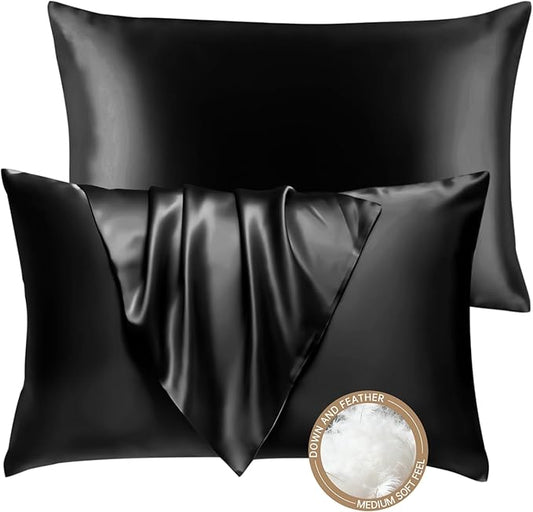 BHZ Black Satin Goose Down Feather Pillows Queen Size Set of 2 with Black Satin Pillowcase for Hair and Skin, Cooling Pillow Cases Similar to Silk Pillow Cases, Decor for Women, Mom
