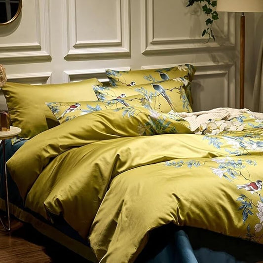 MKXI Vintage Pattern Comforter Set Birds and Flowers Print Cartoon Animal Twin Comforter for Kids Cute Jungle Comforters Yellow Quilt Set