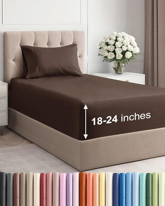 Extra Deep Pocket Twin Sheets - 3 Piece Breathable & Cooling Bed Sheets - Hotel Luxury Bed Sheet Set - Soft, Wrinkle Free & Comfy - Easily Fits Extra Deep Mattresses - Deep Pocket Brown Sheets Set