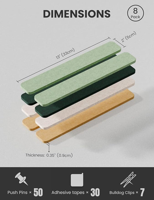 Cork Board Alternative Felt Strip Board 8-Pack 13"x2", Office Pin Board with 50 Push Pins, Adhesive Install for Bedroom Door & Home Office(Forest Meadow)