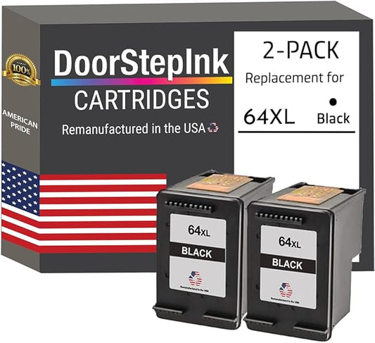 DoorStepInk 64XL Black Remanufactured Ink Cartridge Replacement for HP 64XL - Compatible with Envy 6258/7155/7120/7158/7830/7130 - High Yield 2-Pack