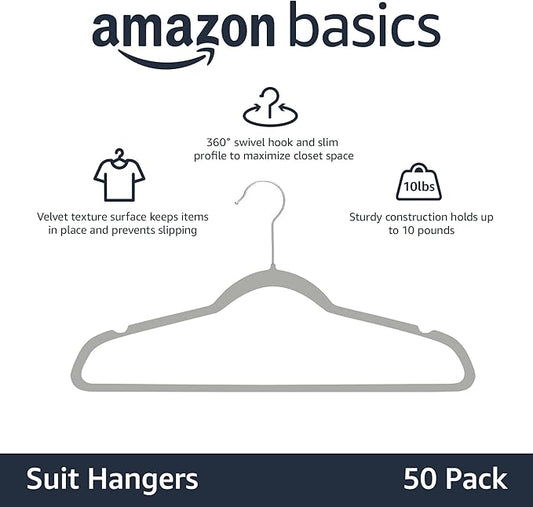 Amazon Basics Slim, Velvet, Non-Slip Suit Clothes Hangers, Gray/Silver - Pack of 50