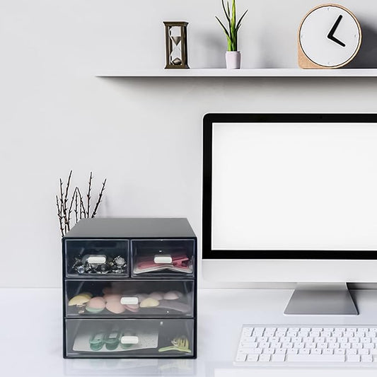 Desk Organizer with Drawer, Desk Storage Box, Plastic Office Stationery Supplies Organizers, Desktop Organizer for Office School Home (4 drawer, Black)