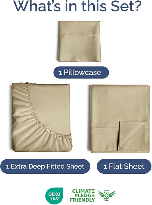 Extra Deep Pocket Twin XL Sheets - 3 Piece Breathable & Cooling Bed Sheets - Hotel Luxury Bed Sheet Set - Soft, Wrinkle Free & Comfy - Easily Fits Extra Deep Mattresses - Deep Pocket Beige Sheets Set