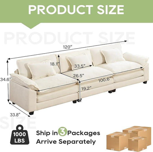 120" Modular Sectional Sofa, Comfy Cloud Couch Sectional Sofa, Chenille Sofa Sleeper Deep Seat Sofa with Throw Pillows for Living Room (Beige White, 120"- 3 Seater)