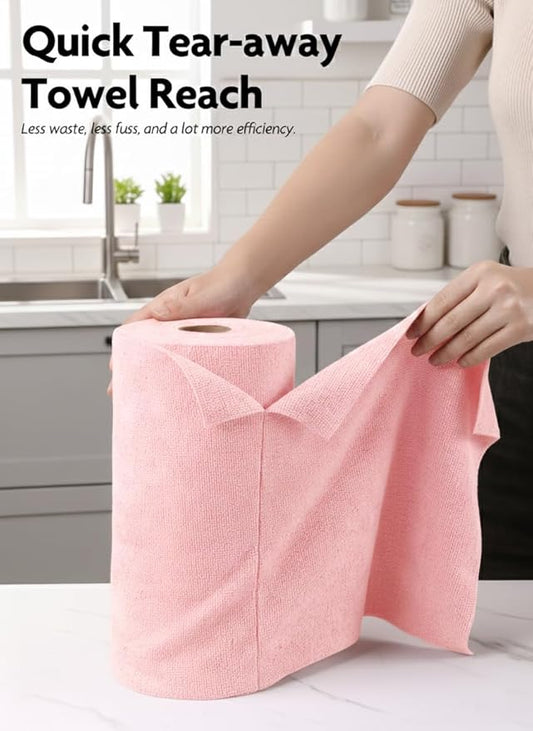 Fantasticlean Microfiber Cleaning Cloth Roll -60 Pack, Tear Away Microfiber Towels, 12" x 12", Reusable, Washable, Scratch Free, Ultra Absorbent Dishcloth for Car, Home Supplies (Pink & Grey)