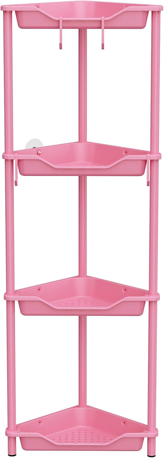 Orimade Rustproof 4 Tier Floor Standing Corner Shower Caddy Organizer, Plastic Metal Splicing Floor Corner Shelf Rack Storage Stands for Bathroom,10.8 x 10.8 x 44.6 inches, Pink