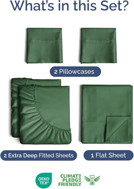 Extra Deep Pocket Split King Sheets - 5 Piece Breathable & Cooling Bed Sheets - Hotel Luxury Bed Sheet Set - Soft, Wrinkle Free & Comfy - Easily Fits Extra Deep Mattresses - Emerald Green Sheets Set