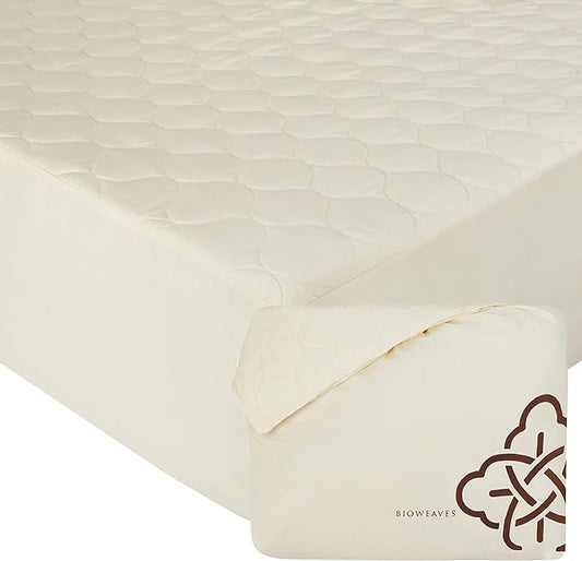 Bioweaves 100% Organic Cotton Mattress Pad Cover, GOTS Certified Cooling Quilted Fitted Mattress Topper & Protector with Soft Cotton Wadding - 20 Inch Deep Pocket, Queen