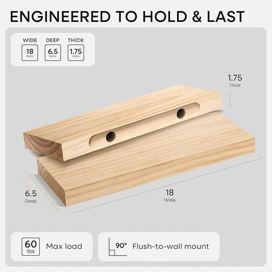 Homeforia 18 inch Natural Floating Shelf, High End Solid Real Wood 18inch Small Floating Shelves for Wall Mounted, Natural Wooden Floating Shelves, Heavy Duty Bracket, 18 X 6.5 X 1.75 in, Set of 4