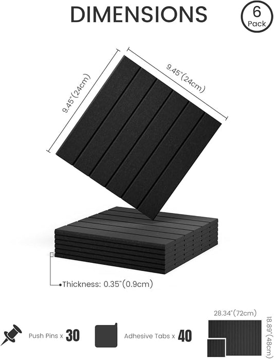 Felt Bulletin Board Tiles -28"x18" with 40 Adhesive Tabs, Cork Board Alternative for Office Decor, Push Pin Board Wall Organizer 6-Pack (Black)