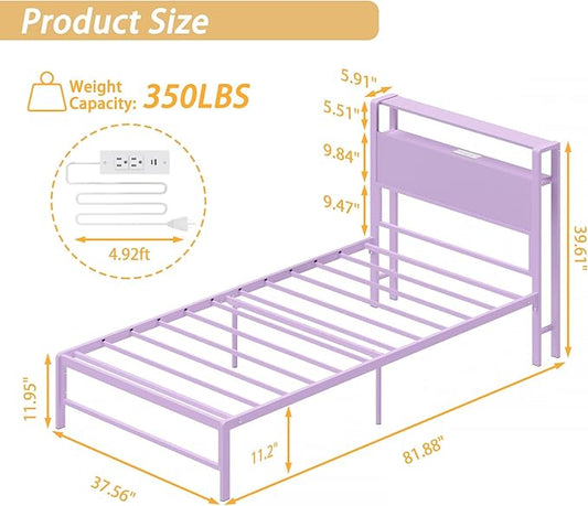 Twin Bed Frames with Charging Station, 2 Tiers Storage Headboard Twin Sized Bed No Box Spring Needed Heavy Duty Metal Platform for Girls, Purple