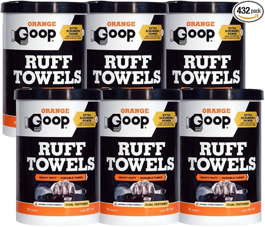 GOOP Heavy Duty Ruff Towels with Scrubbing Power, 10” x 12” Dual Textured Multi-Purpose Cleaning Wipes, Removes Dirt, Grease, Oil - 6 Pack