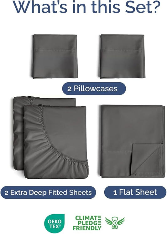 Extra Deep Pocket Split King Sheets - 5 Piece Breathable & Cooling Bed Sheets - Hotel Luxury Sheet Set - Soft, Wrinkle Free & Comfy - Easily Fits Extra Deep Mattresses - Deep Pocket Charcoal Sheets