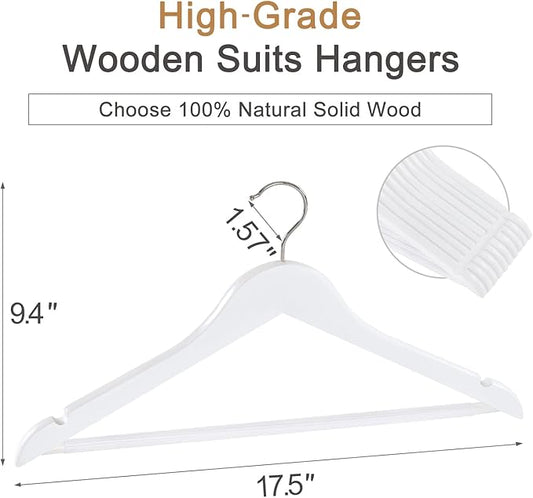 TOPIA HANGER Wooden Coat Hangers 20 Pack, White Wood Suit Hangers with Non Slip Pants Bar, 360° Swivel Hook and Shoulder Notches for Camisole, Jacket, Pants, Smooth Finish Clothes Hangers - CT34W20