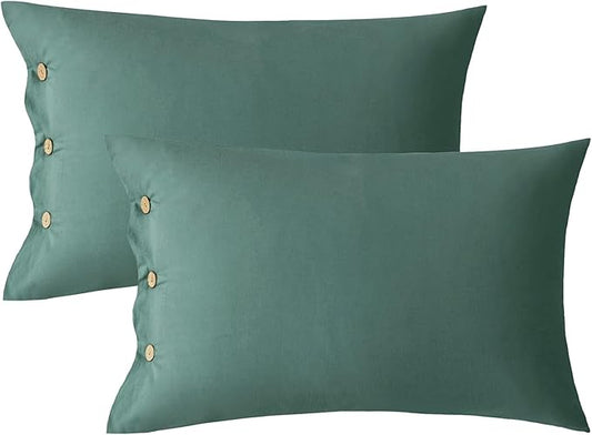 JELLYMONI Pillowcases King Set of 2 Cotton Button Pillow Covers 20×36in Dark Green Bed Pillow Cases 100% Washed Cotton Soft Breathable (Pillows are not Included)