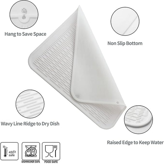 Silicone Dish Drying Mat for Multiple Usage,Easy clean,Eco-friendly,Heat-resistant Silicone Mat for Kitchen Counter or Sink,Refrigerator or Drawer Liner White 2XL 24 inches x 18 inches