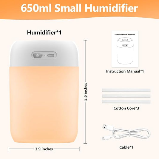 Portable Mini Humidifier, 650ml, Colorful LED Light & Warm Light, Cool Mist, USB, Personal Mini Humidifier for Desktop, Bedroom, Office, Home, Travel, Plants (White)