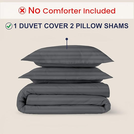 Kotton Culture 3 Pc Queen Size Duvet Cover Set- 100% Egyptian Cotton Sateen 600 TC Ultra Soft Premium Durable Comforter Cover Zipper Closure & Corner Ties (Striped Dark Grey, Queen/Full 90" X 90")