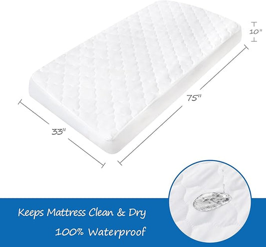 Cot Mattress Pad Waterproof 2 Pack, Quilted Cot Size Mattress Pads Cover 30" X 75" Fitted for Narrow Twin/Camp Bunk/Rvs Bunk/Guest Beds, Soft Microfiber Protector Topper, White (Cover Only)