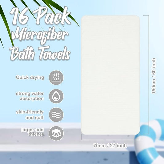 16 Pack Microfiber Bath Towels Bulk 27'' x 60'' Oversized Size Bath Towel Highly Absorbent Extra Large Soft Drying for Shower Beach Winter Salon Sport Gym Party (Wheat,White)