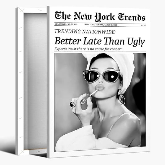 New York Trends Wall Art Black and White Newspaper Better Late Than Ugly Poster Canvas Prints Funky Feminist Posters Trendy College Wall Decor for Bar Cart Girl Dorm Room Bathroom Decorative 24x36inch Framed