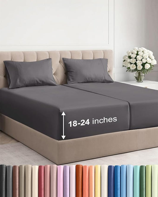 Extra Deep Pocket Split King Sheets - 5 Piece Breathable & Cooling Bed Sheets - Hotel Luxury Bed Sheet Set - Soft, Wrinkle Free & Comfy - Easily Fits Extra Deep Mattresses - Dark Grey Sheets Set
