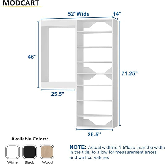 Modular Closet System, 52" Wide Organizer With Towers and Hanging, Wood Tower Storage for Walk In Closets, Wall Mounted Wardrobe Kit, Bedroom, White