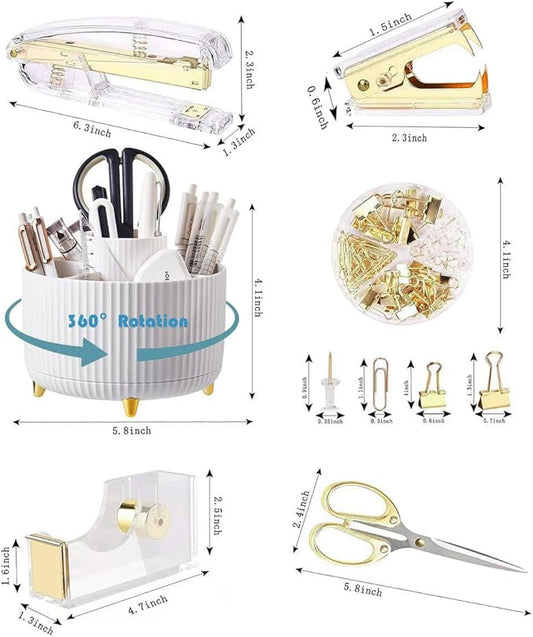 Desk Organizers and Accessories Set with 360-Degree Rotating Pen Holder, Acrylic Stapler, Tape Holder, Staple Remover, Binder/Paper Clips Kit, Scissor and 1 Box of Staples
