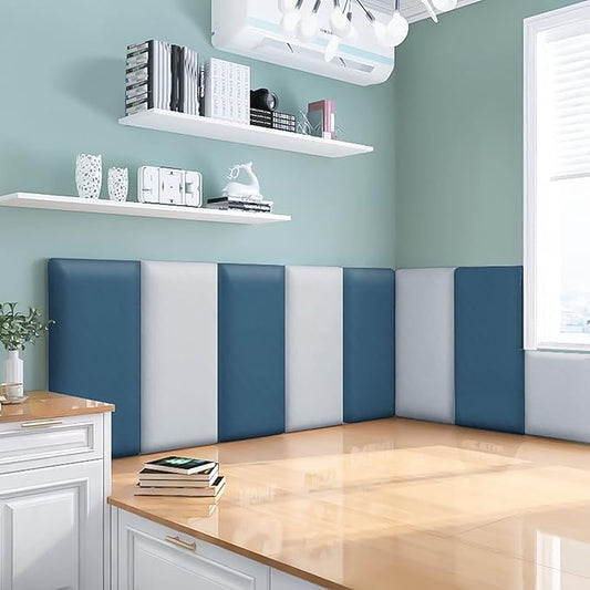 3D Anti-Collision Wall Padding, Peel & Stick Upholstered Panels, Queen Headboard, Playroom Decorative Protection, Pack of 2 Panels - 23.6' X 11.8' (Dark Gray Blue)