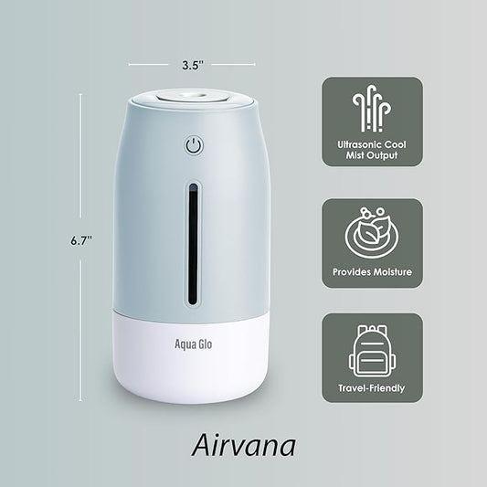 Aqua Glo Personal Humidifier – Ultrasonic Cool Mist, Rechargeable Battery for 15 Hours Use, 2-Cup Water Tank, Quiet Operation. Ideal for Travel, Office, Bedroom, Plants, and Home. Blue Mist