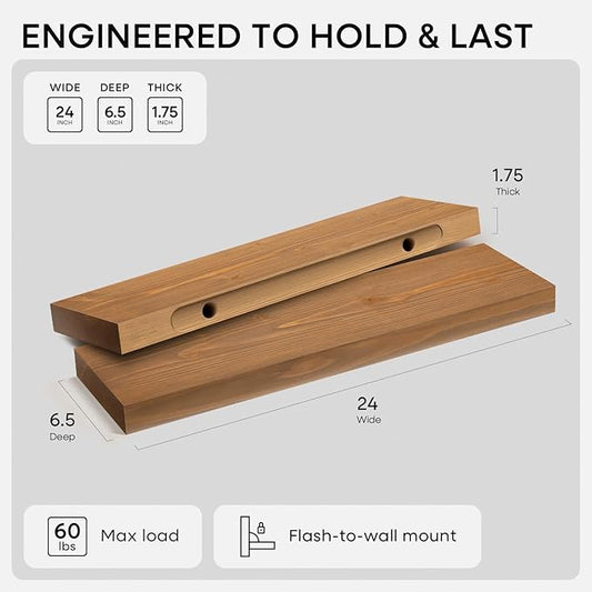 Homeforia 24 inch Golden Oak Floating Shelf, High End Solid Real Wood 24inch Small Floating Shelves for Wall Mounted, Oak Wooden 24in Floating Shelves, Heavy Duty Bracket, 24 X 6.5 X 1.75 in, Set of 2