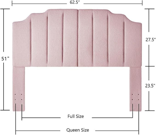 24KF Pink Teddy Fabric Tufted for Queen Upholstered Headboard, Modern Vertical Channel Design Full Headboard with Stepped Silhouette Top Edge,6026-Q-Teddy Pink