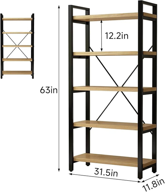 Real Solid Wood Bookshelf Shelves Rustic Vintage Industrial Etagere Bookshelf, Metal & Timber Free Vintage Bookcase, (Genuine Timber) (5-Tiers-Real Wood)