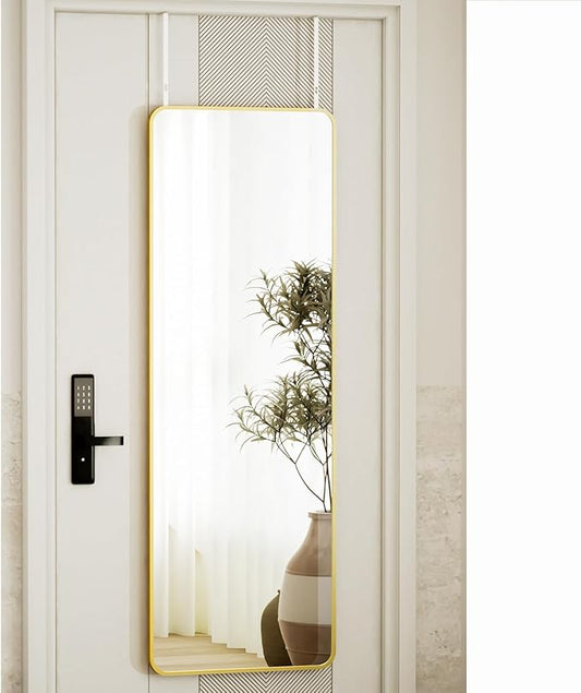 VooBang 14"x48" Full Length Over The Door Mirror - Aluminum Alloy Frame Full Body Mirror with Height-Adjustable Hangers, Hanging Leaning Against Wall for Dorm, Gold