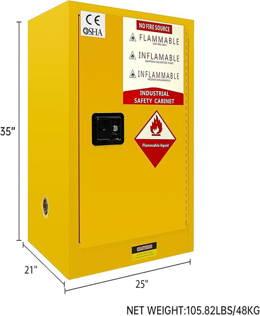 40 Gallon Flammable Safety Storage Cabinet, 21" D x 25" W x 35" H Yellow Galvanized Steel Cabinet with Adjustable Shelf for Commercial, Industrial, and Home Garage