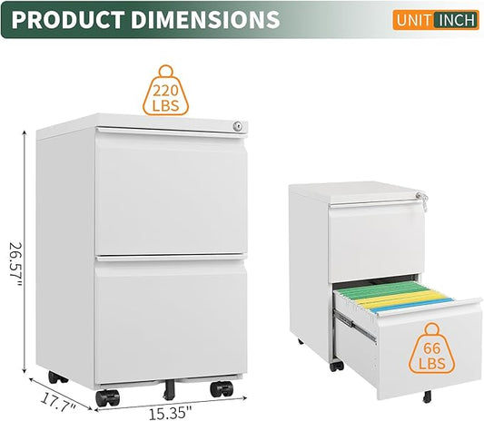 2 Drawer File Cabinet with Lock,Under Desk Rolling Small Filing Cabinet for Home Office Storage, Mobile Steel Cabinets with Wheels, Fully Assembled, White