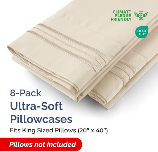 King Pillow Cases Set of 8 - Ultra Soft Hotel Quality Pillowcase Covers - Comfy & Wrinkle Free - Shrink, Stain and Fade Resistant - Easy-Care, Machine Washable Pillow Protectors - 8 Piece Set - Wheat