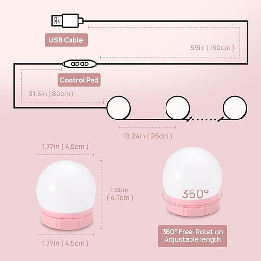 Consciot LED Vanity Lights for Mirror, Hollywood Style Vanity Light with 10 Dimmable Bulbs, Adjustable Color & Brightness, USB Cable, Mirrors Lights Stick on for Makeup Table Dressing Room Mirror