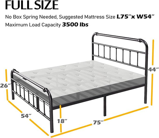 Full Size Bed Frame with Headboard and Footboard, 18 Inches High, 3500 Pounds Heavy Duty Metal Slats Support for Mattress, No Box Spring Needed, Noise-Free, Black