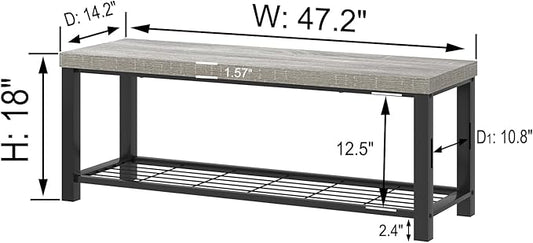 FOLUBAN Entryway Bench, Vintage Wood and Metal Storage Bench with Metal Shelf, Indoor Shoe Rack Bench Seat for Living Room, Bedroom, Hallway, Entrance, Light Grey, 47 Inch