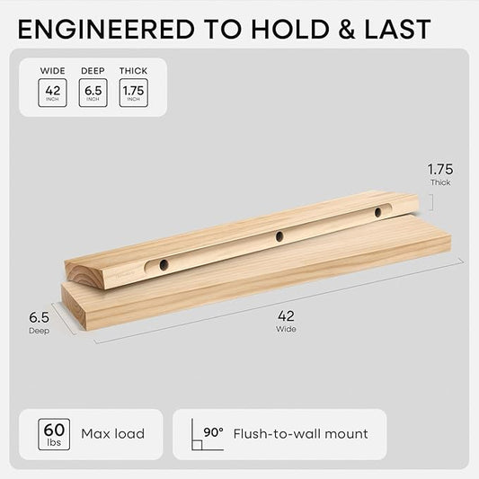 Homeforia 42 inch Natural Floating Shelf, High End Solid Real Wood 42inch Small Floating Shelves for Wall Mounted, Natural Wooden Floating Shelves, Heavy Duty Bracket, 42 X 6.5 X 1.75 in, Set of 3